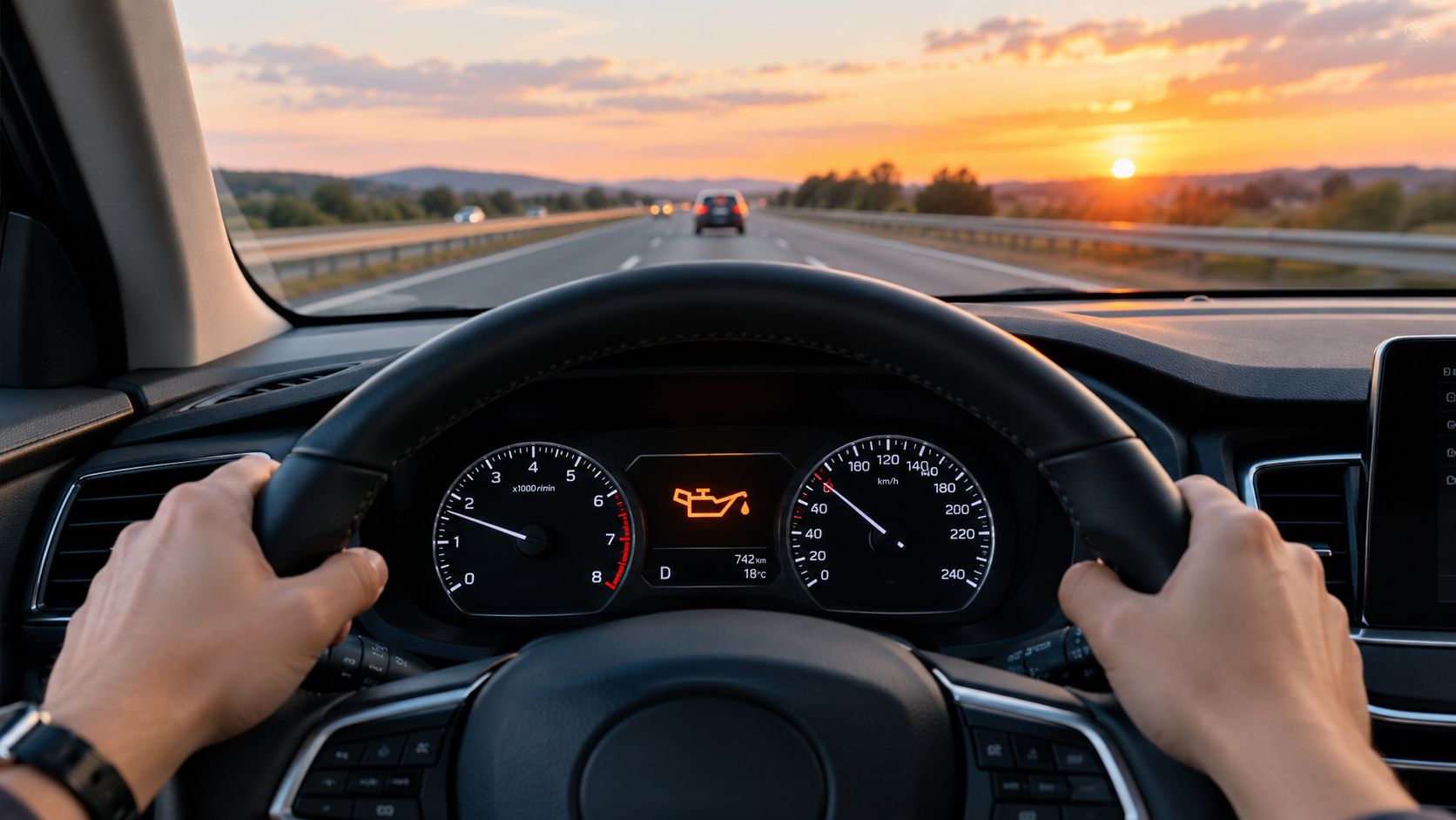 A driver's perspective from behind the steering wheel showing a lit oil change indicator light on the dashboard.