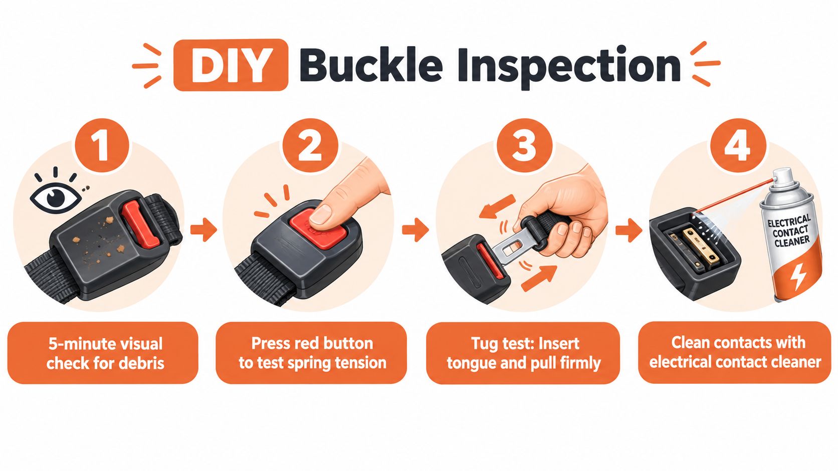 An infographic illustrating four simple steps for a DIY safety inspection and cleaning of a car seat belt buckle.