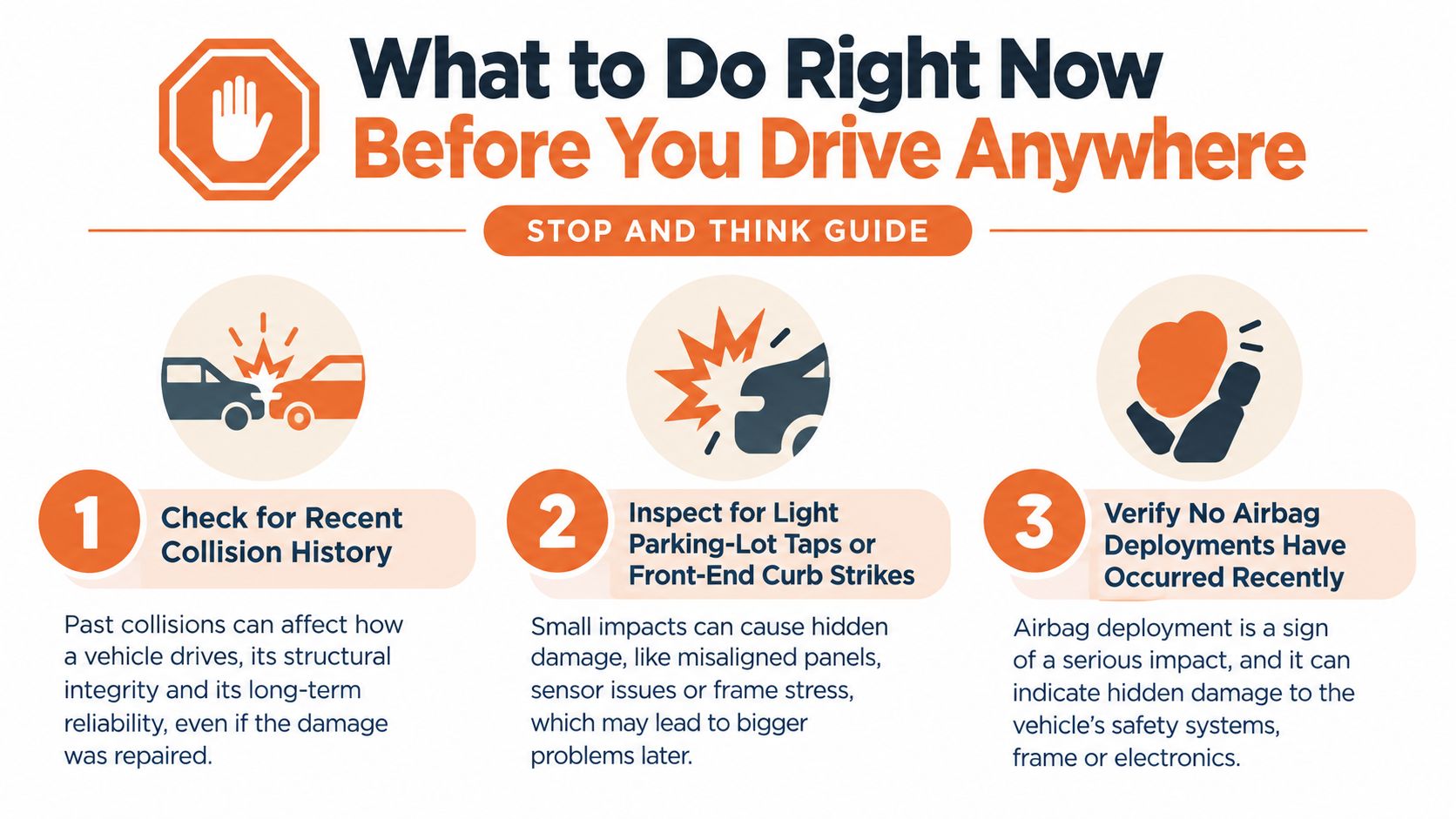 An infographic titled What to Do Right Now Before You Drive Anywhere with three safety checks.