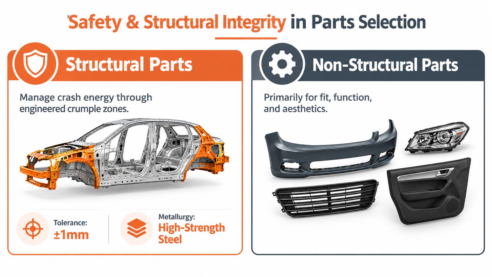 A diagram comparing structural versus non-structural automotive parts for safety and vehicle repair integrity.