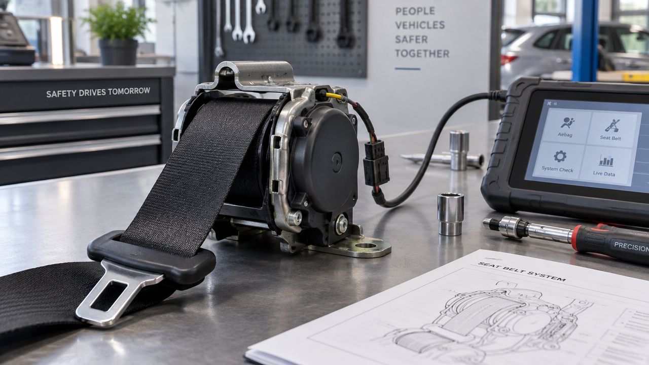 A seat belt tensioner mechanism being inspected using diagnostic equipment on a metal workbench in a workshop.