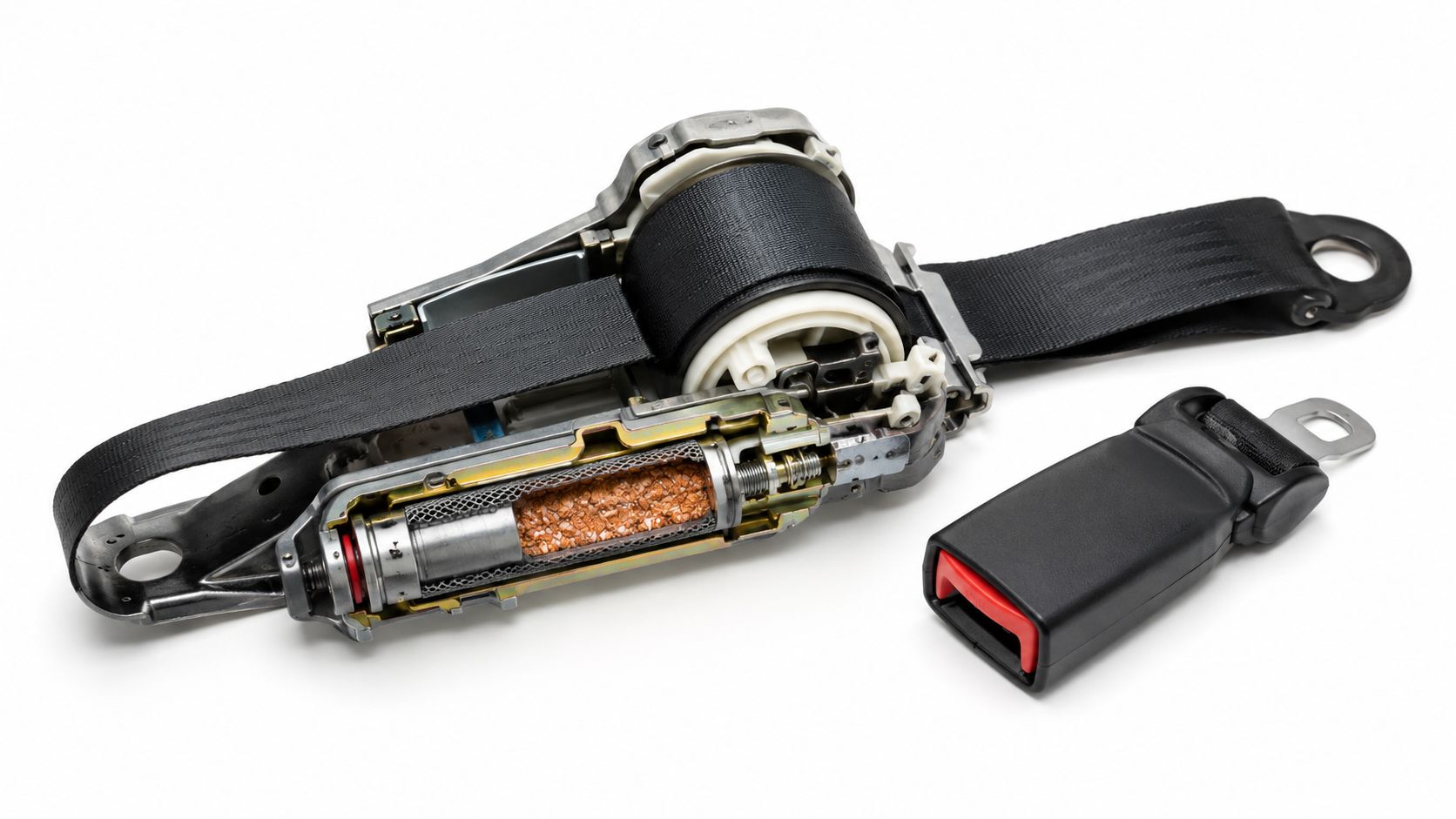 A car seatbelt retractor mechanism with a pretensioner and seatbelt buckle isolated on a white background.