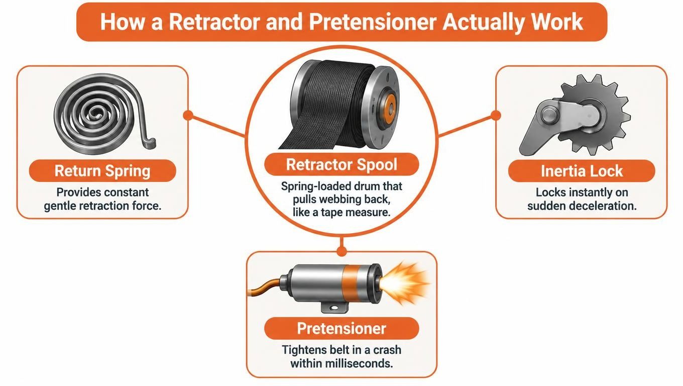 An educational infographic explaining the mechanical components of seat belt retractors and pretensioners in a car.