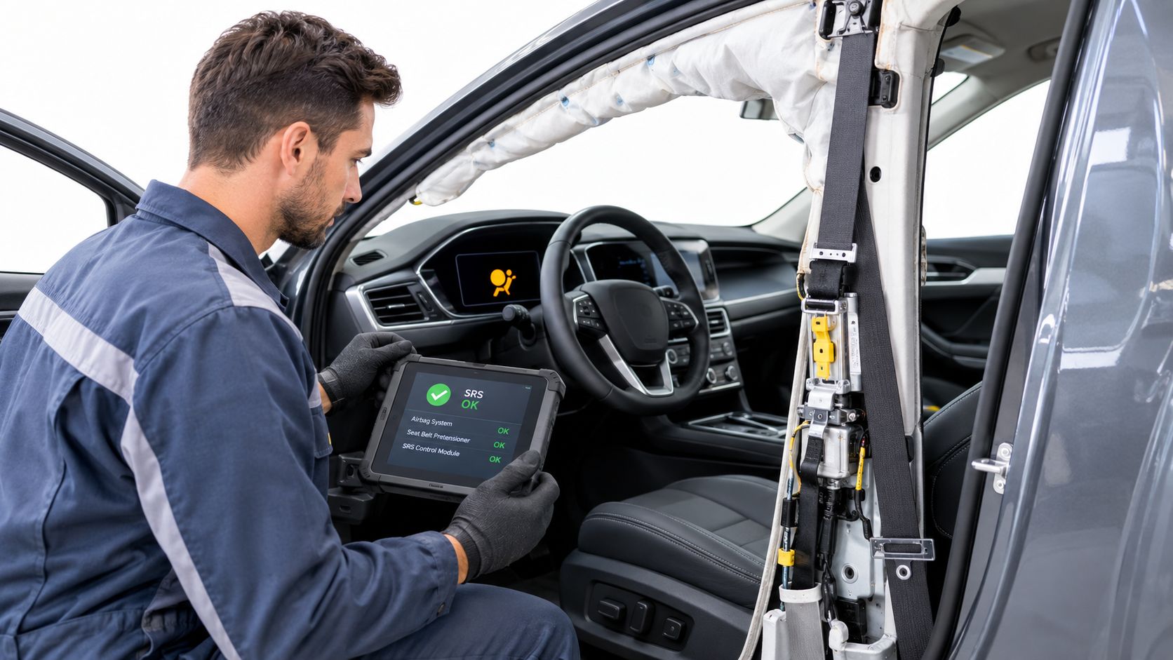 A professional mechanic uses a tablet to inspect a vehicle's SRS airbag system during a car repair.