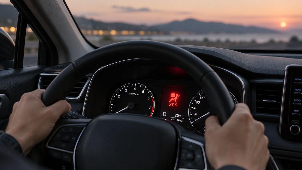 A person driving a car at sunset, focusing on the dashboard showing an illuminated SRS airbag warning light.