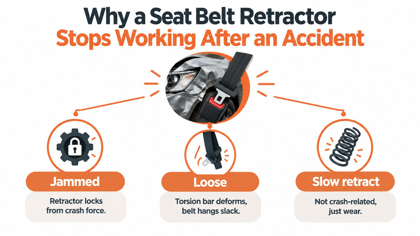 An infographic explaining three reasons why a car seat belt retractor stops working after an accident.