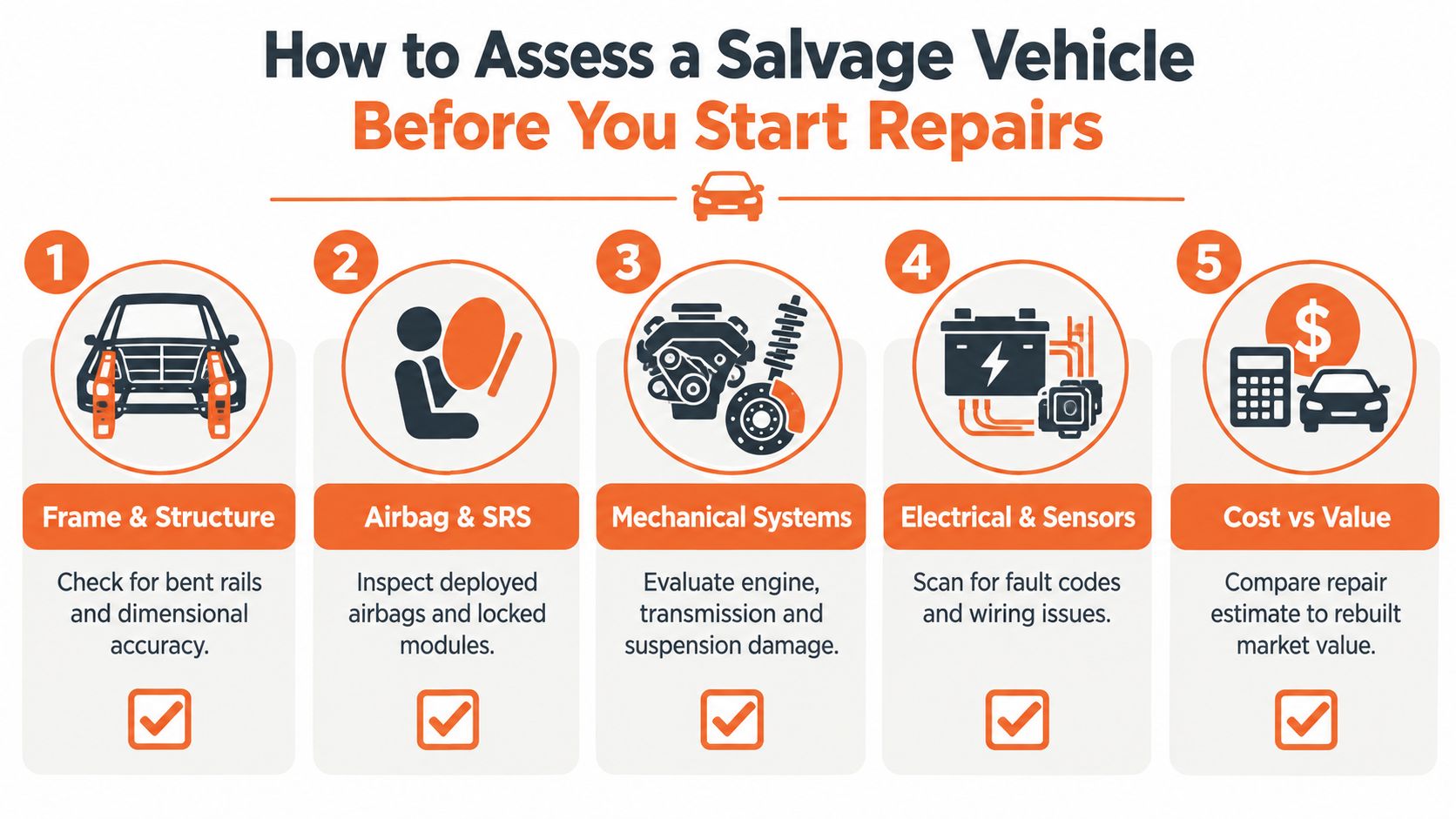 A checklist infographic illustrating five key steps to assess a salvage vehicle before starting repairs.