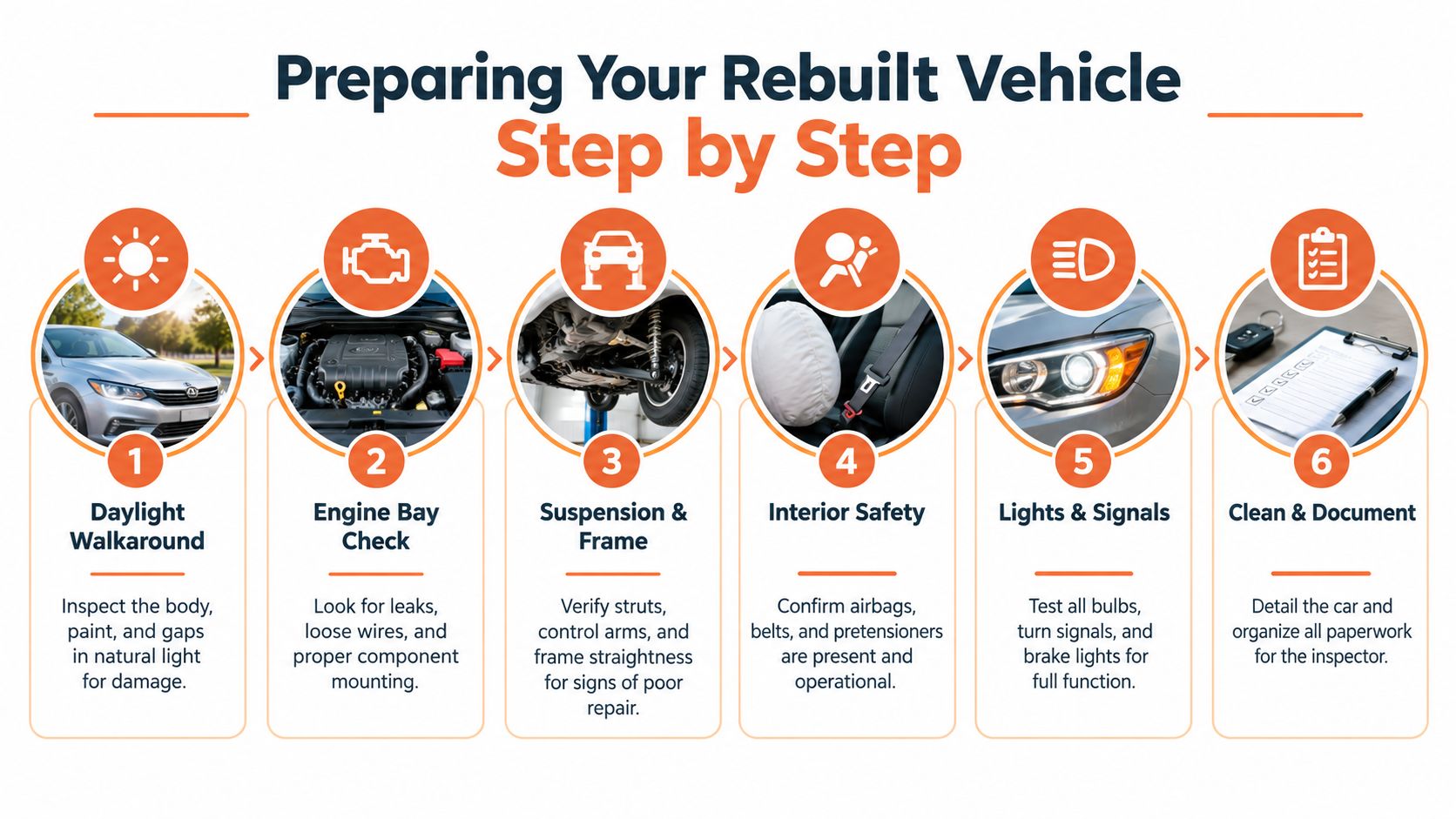 A step by step guide on how to prepare a rebuilt vehicle for a salvage title inspection.