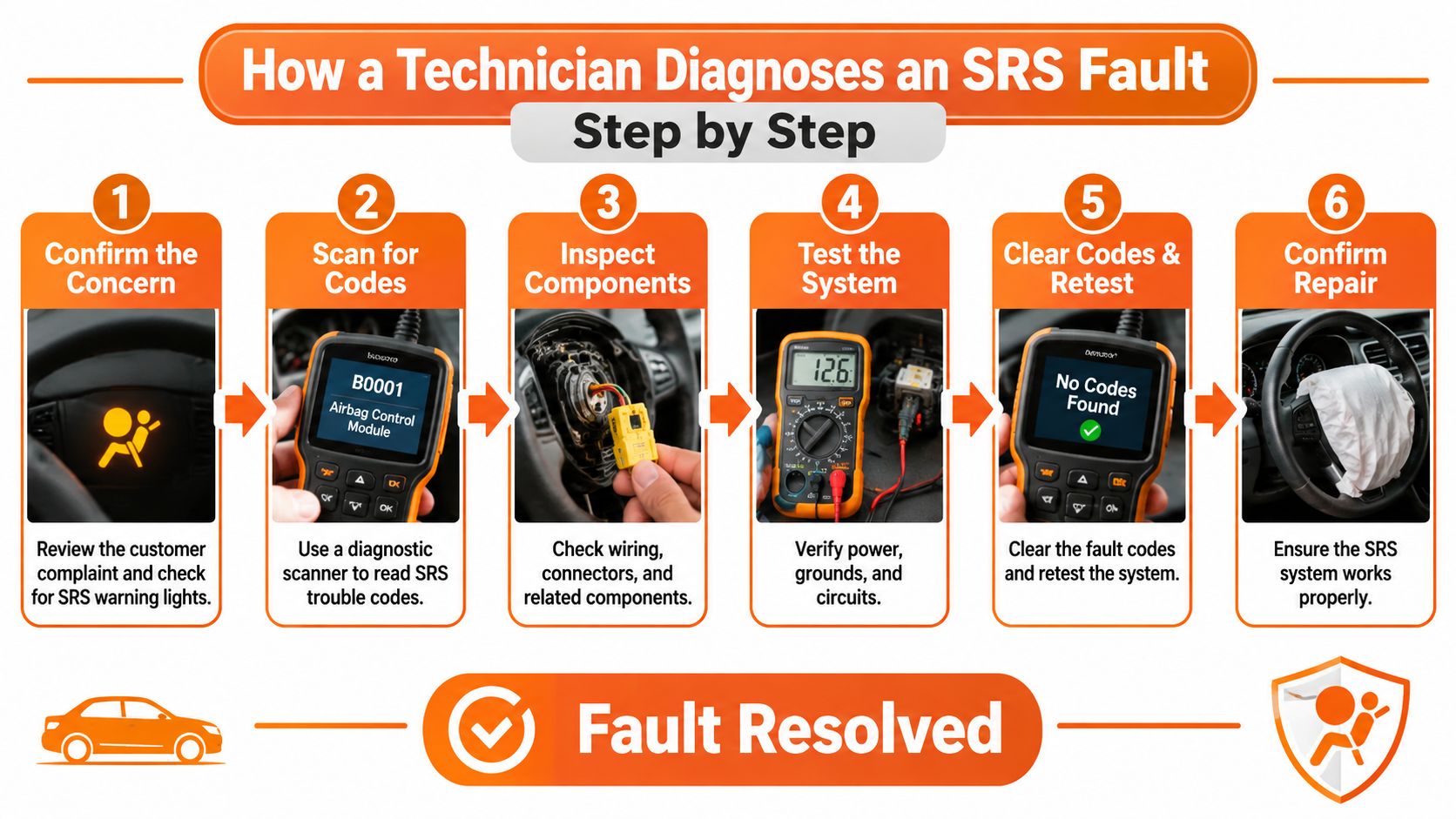 A six-step infographic detailing how a professional technician performs an SRS airbag fault diagnosis on a vehicle.