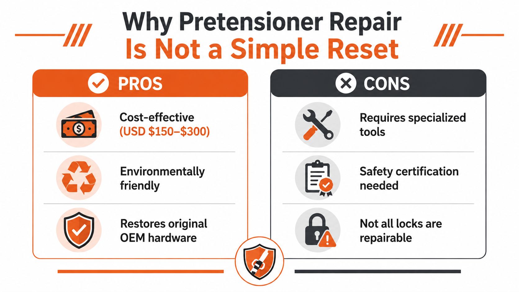 A comparison chart outlining the pros and cons of repairing seat belt pretensioners versus simple resets.