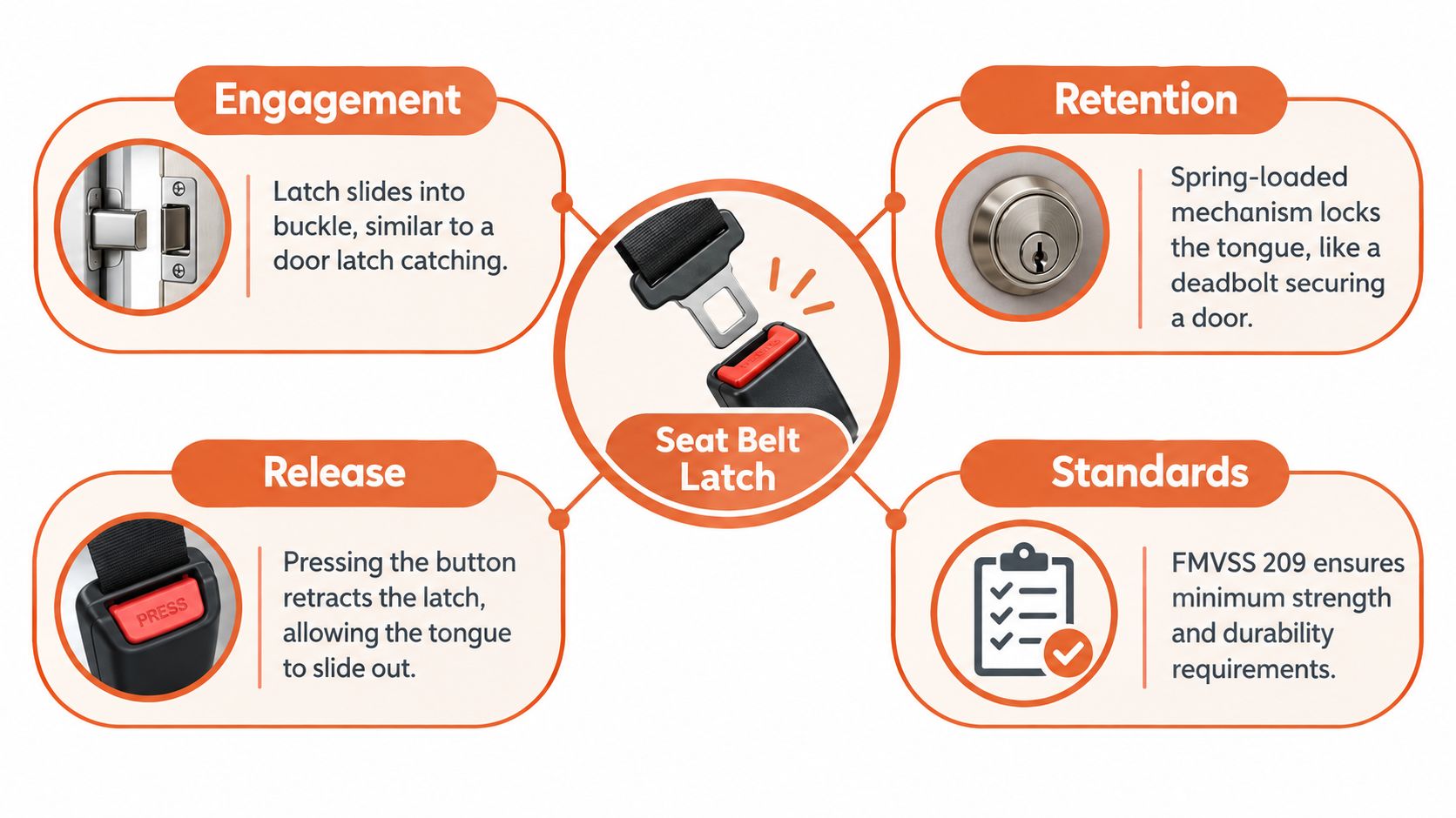 An infographic showing the four primary functions of a seat belt latch mechanism: engagement, retention, release, and standards.