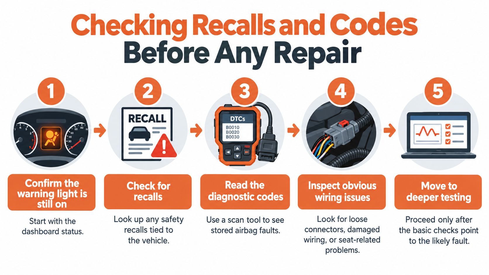 A five-step infographic guide illustrating the process of checking vehicle recalls and diagnostic codes for airbag warning lights.