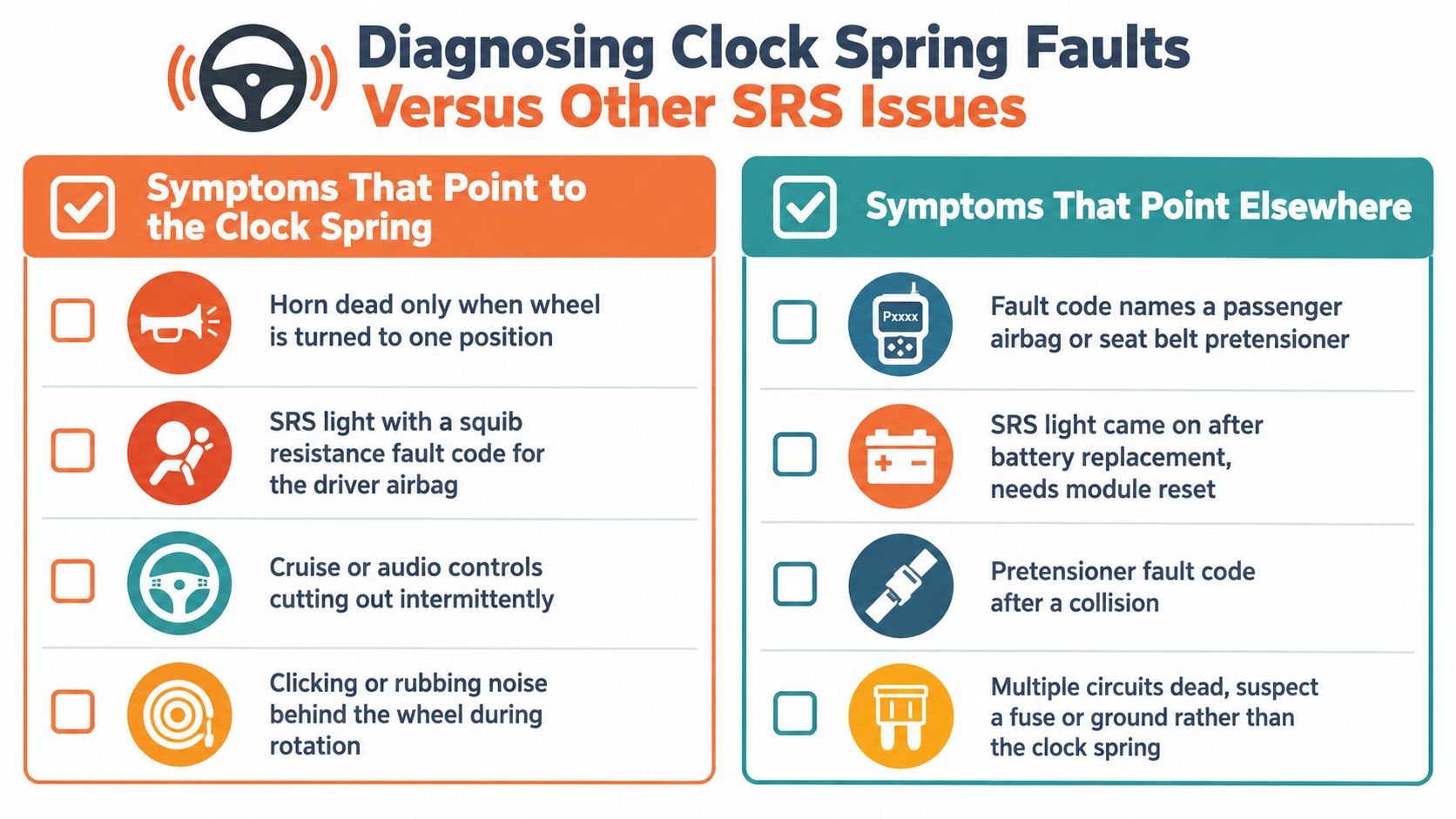 A diagnostic guide comparing symptoms of a faulty automotive clock spring against other SRS system issues.