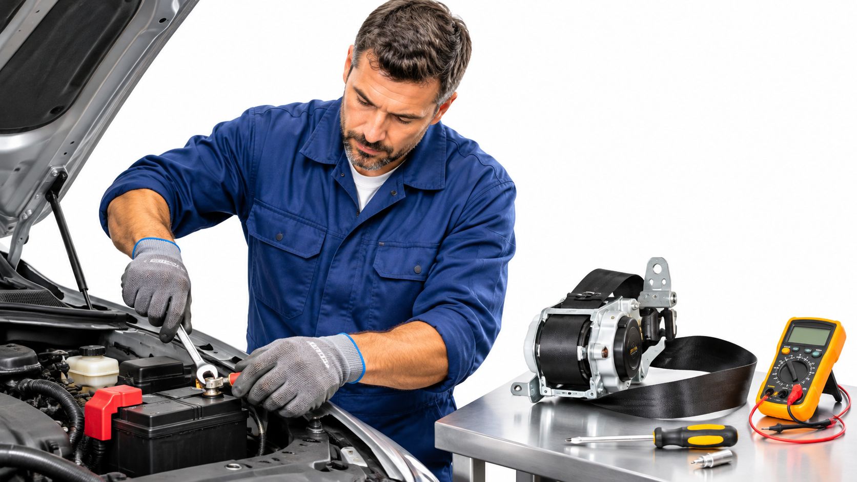 A professional mechanic in a blue uniform repairing a car battery while working in an auto shop.