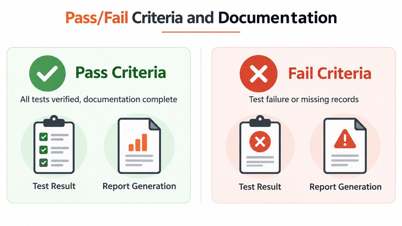 A diagram contrasting pass and fail criteria for software testing, featuring checkmarks and x symbols for status.