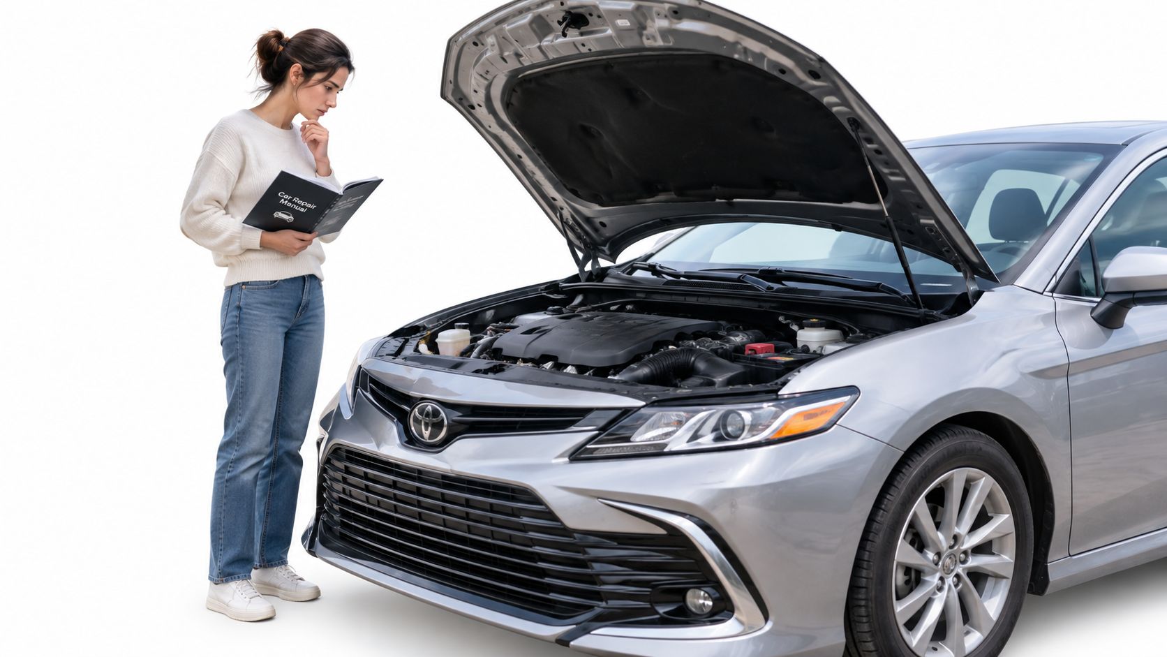 A young woman stands by a car with its hood open, reading a car repair manual attentively.