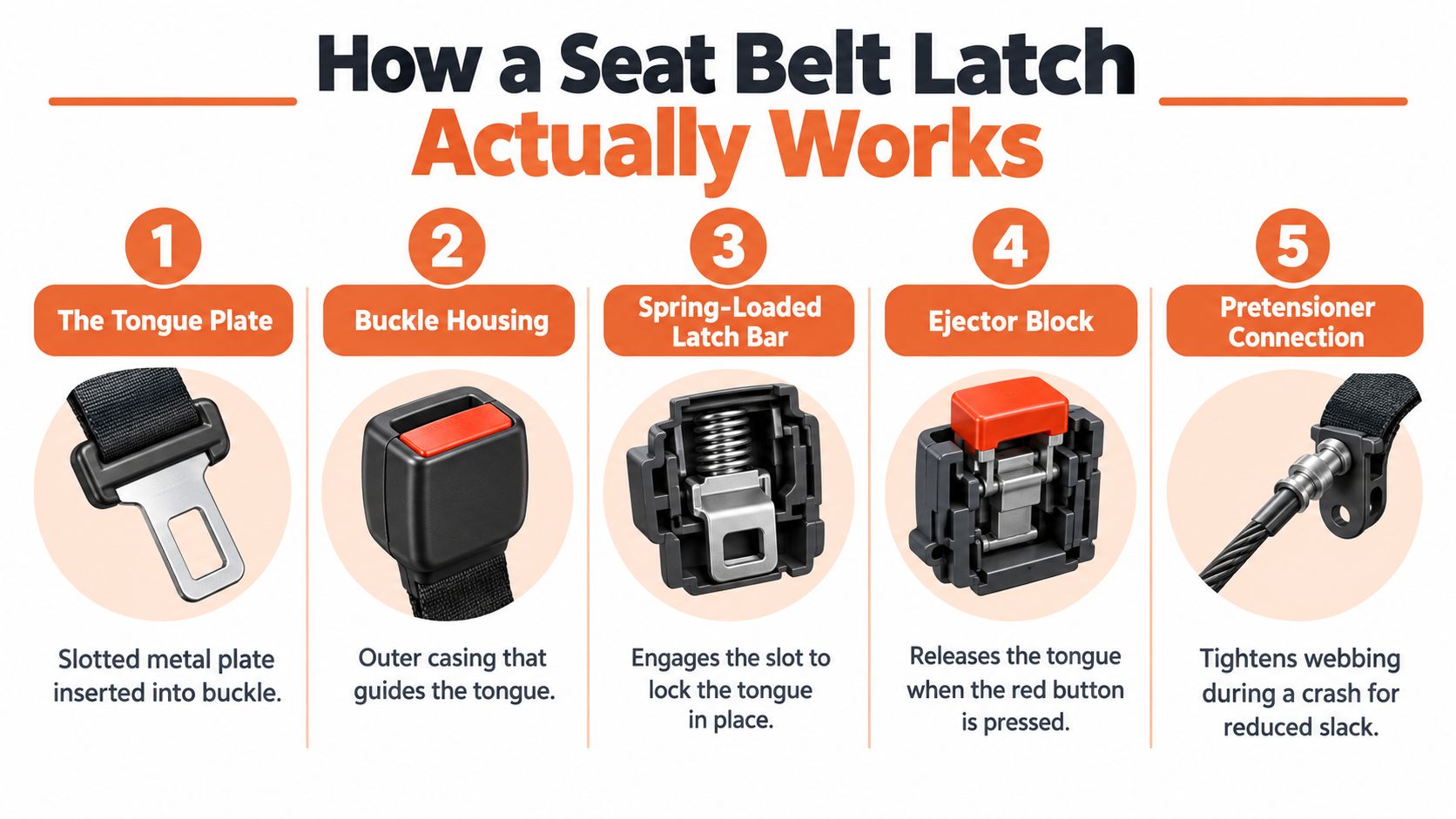 An infographic diagram labeled How a Seat Belt Latch Actually Works detailing its five core mechanical components.