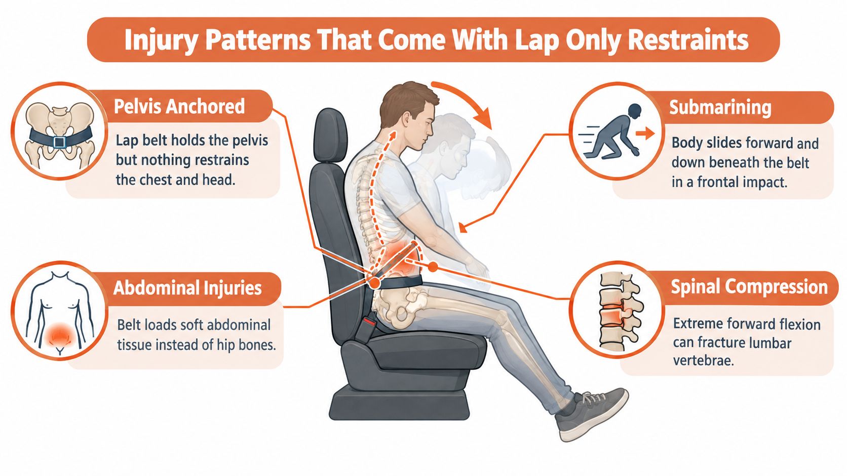 An infographic illustrating the dangerous injury patterns caused by wearing only a lap seat belt.