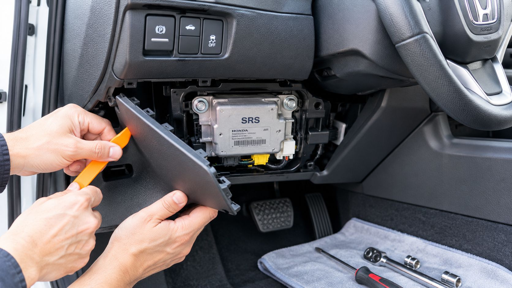 A person using a plastic pry tool to remove the lower dashboard panel near the airbag module.