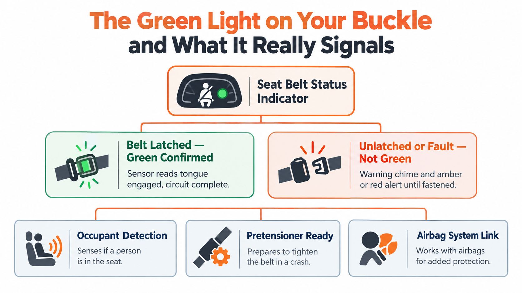An infographic explaining that a green light on a car seat belt buckle confirms the belt is latched.