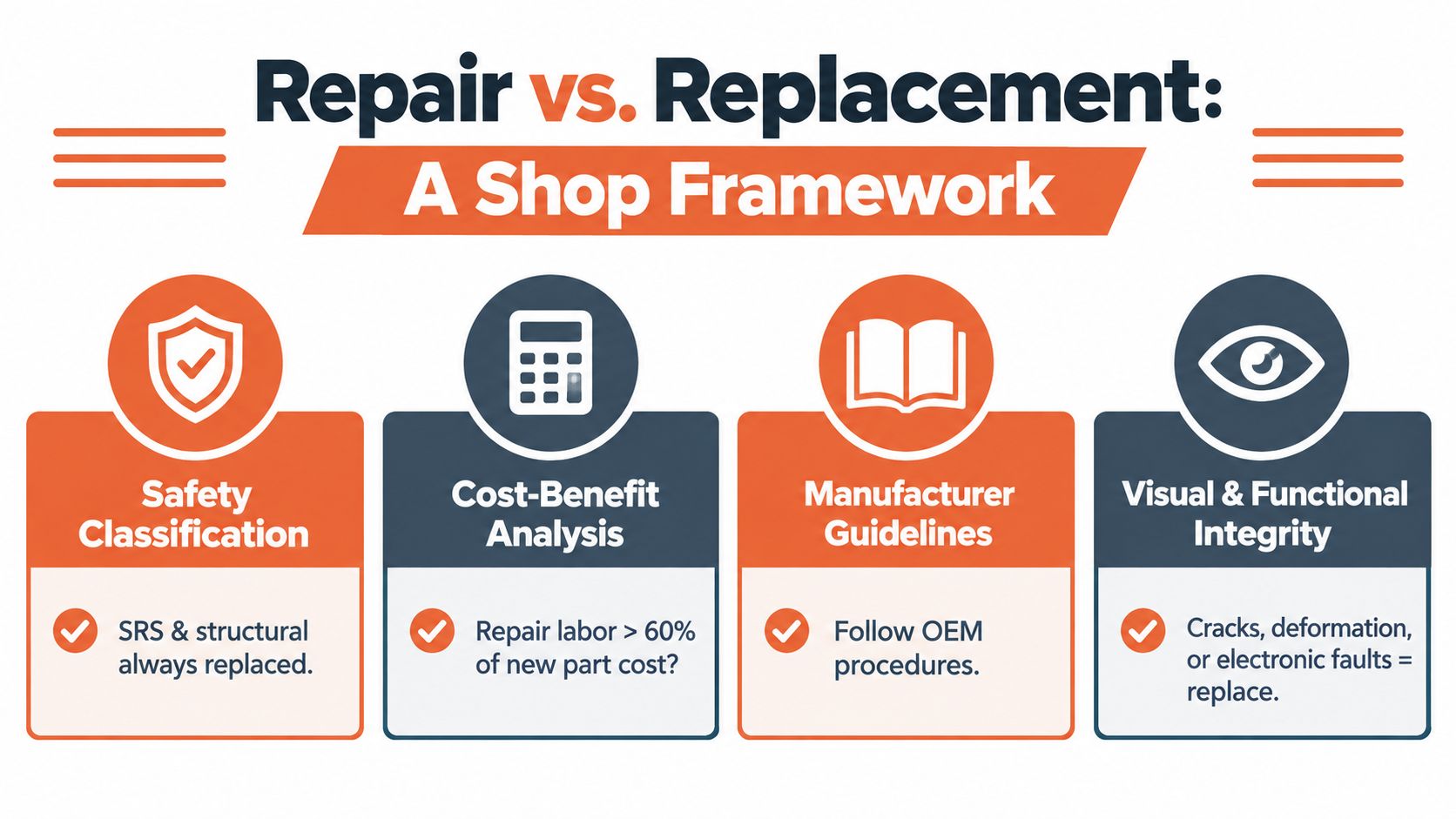 A visual guide explaining the criteria for choosing between automotive repair or part replacement in a shop.
