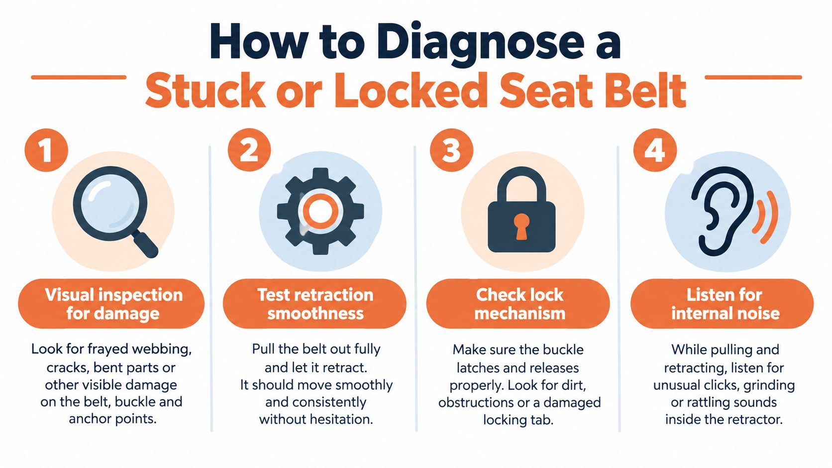 An infographic showing four steps to diagnose a stuck or locked vehicle seat belt using visual inspection and testing.