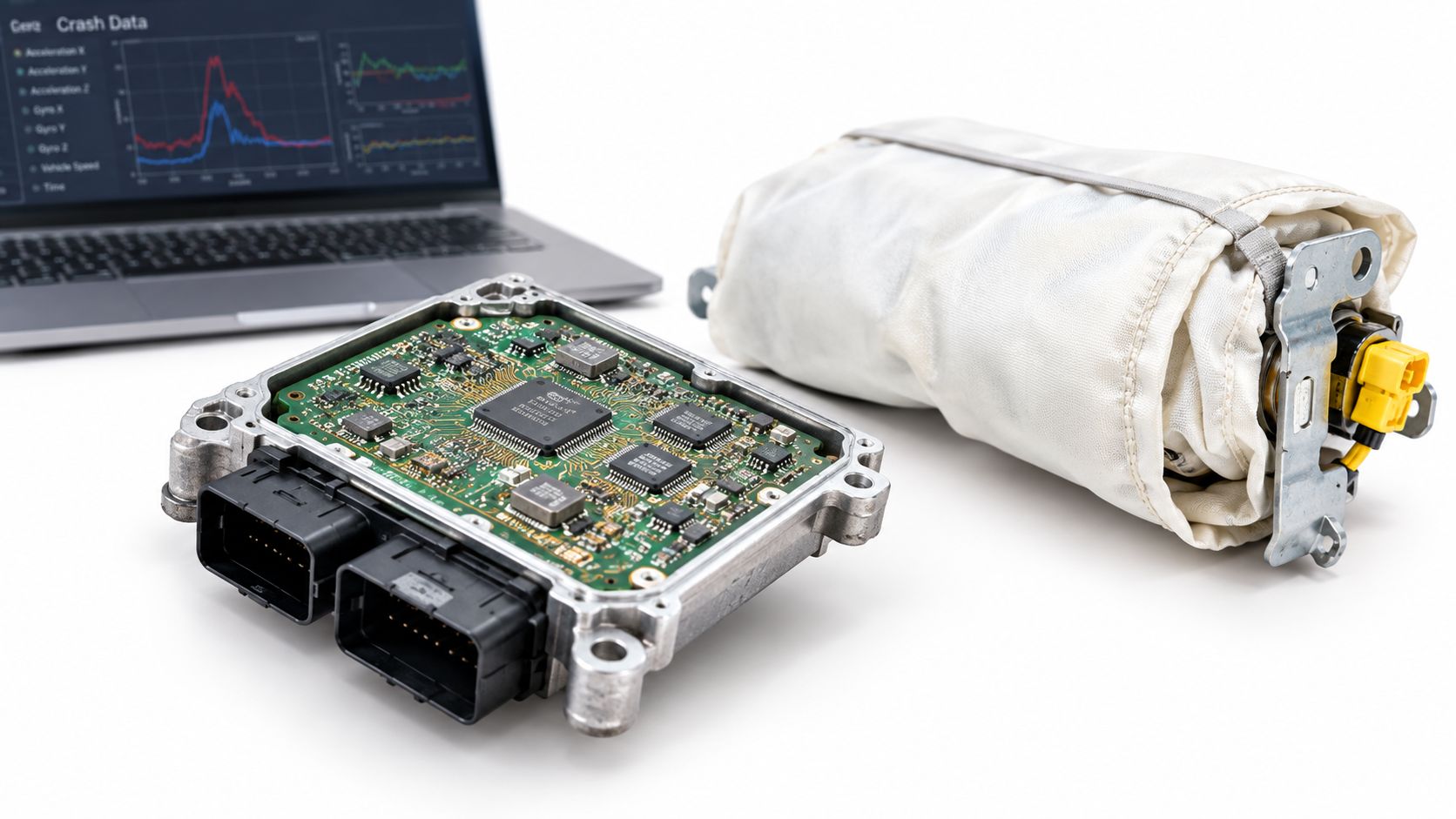 A car airbag module, an open electronic control unit, and a laptop displaying automotive crash test data.