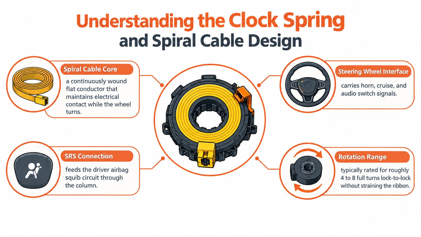 An infographic showing the components and function of a vehicle steering wheel clock spring and cable assembly.