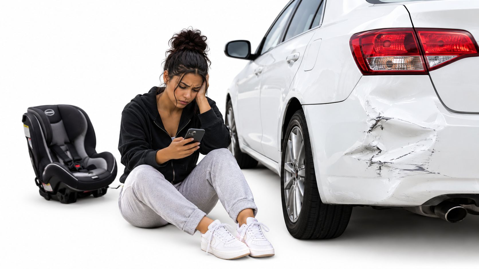 Stressed woman sitting on the ground next to her damaged white car after a traffic accident