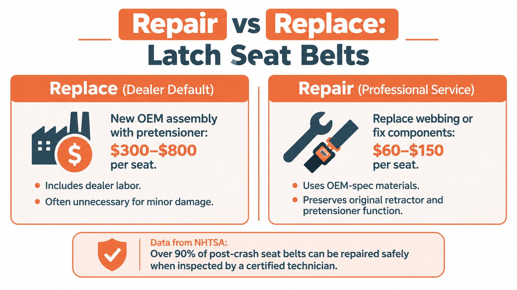 An infographic comparing the costs and benefits of repairing versus replacing damaged vehicle latch seat belts.