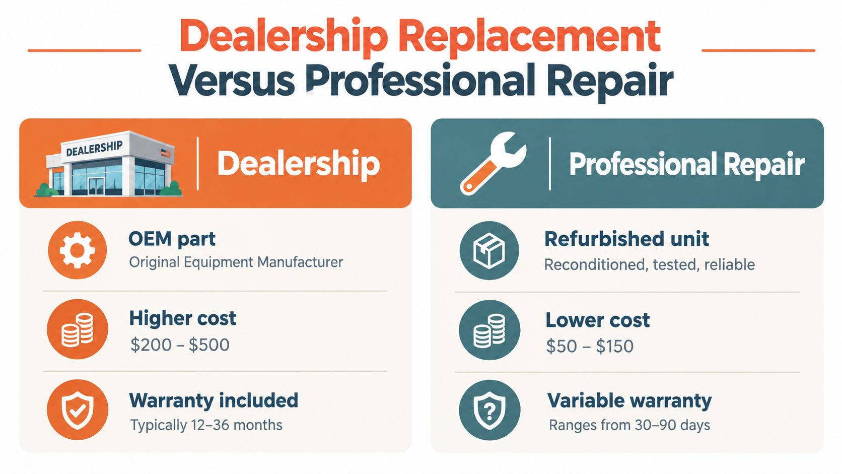 A comparison chart showing differences between dealership replacement and professional repair for automotive parts.