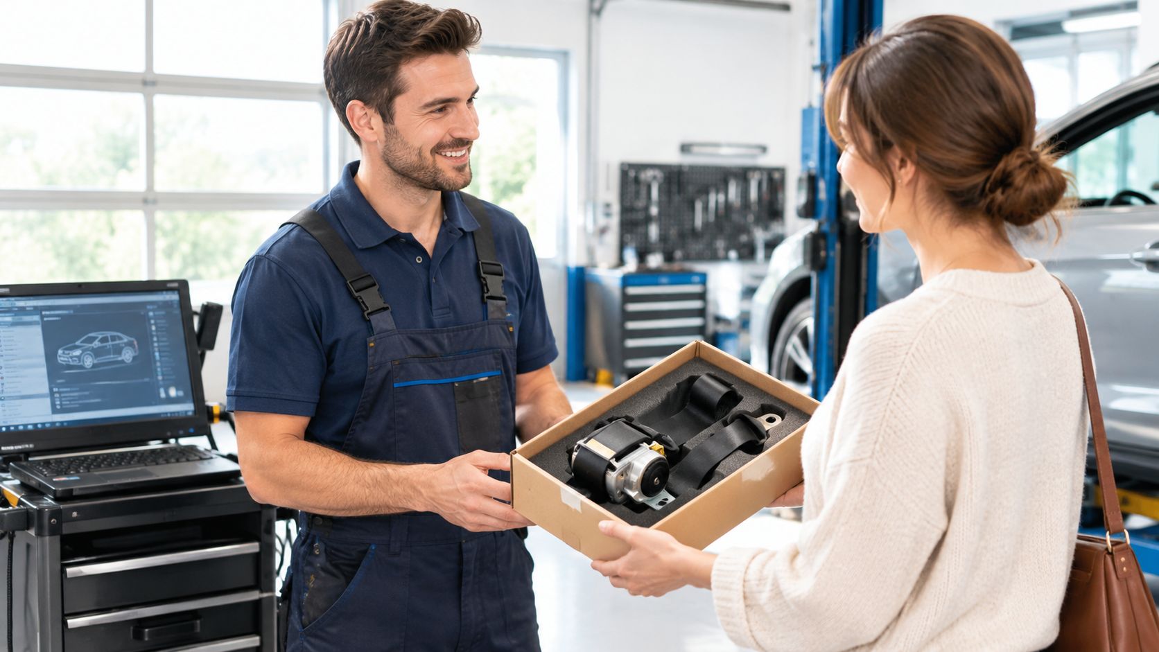 A friendly mechanic in a blue uniform presents a new seat belt pretensioner in a box to a customer.
