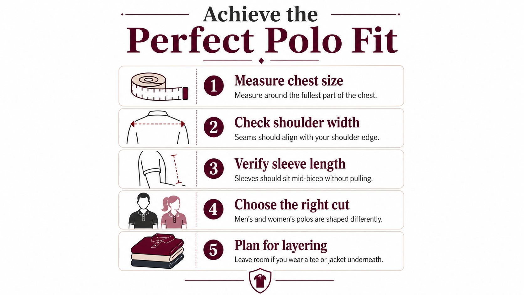 A helpful infographic showing five essential tips for choosing the perfect fitting polo shirt for men and women.