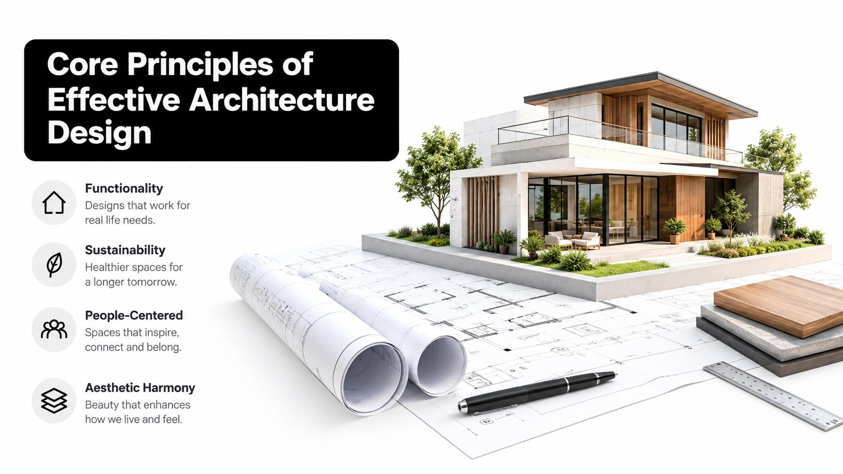 A modern architectural design visualization with a 3D house model, blueprint scrolls, and design principles text.