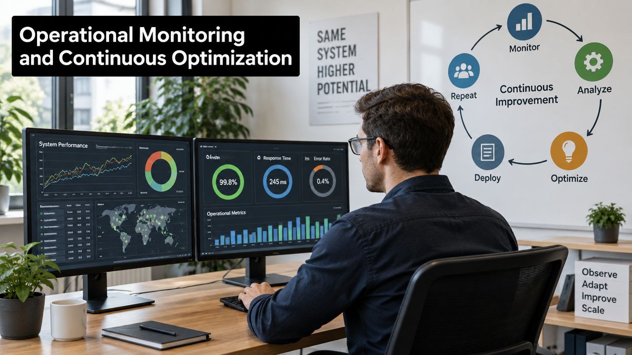 A professional working on dual monitors analyzing system performance metrics and operational data for continuous software improvement.