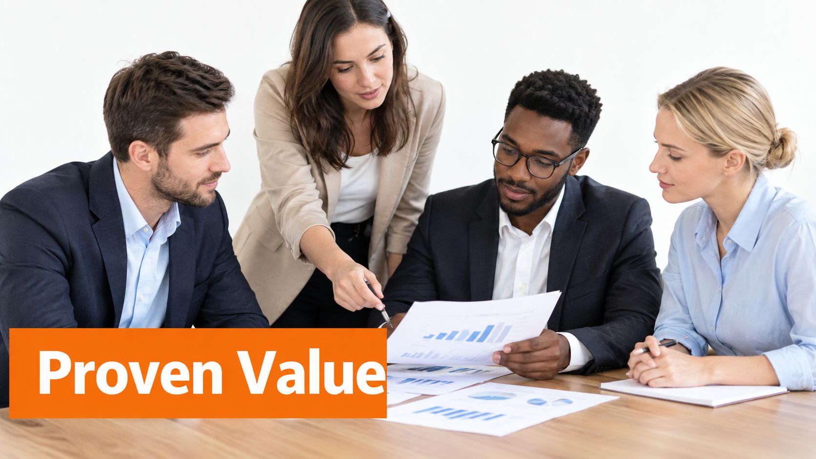 A professional business team collaborates on financial documents during a strategy meeting in a modern office.