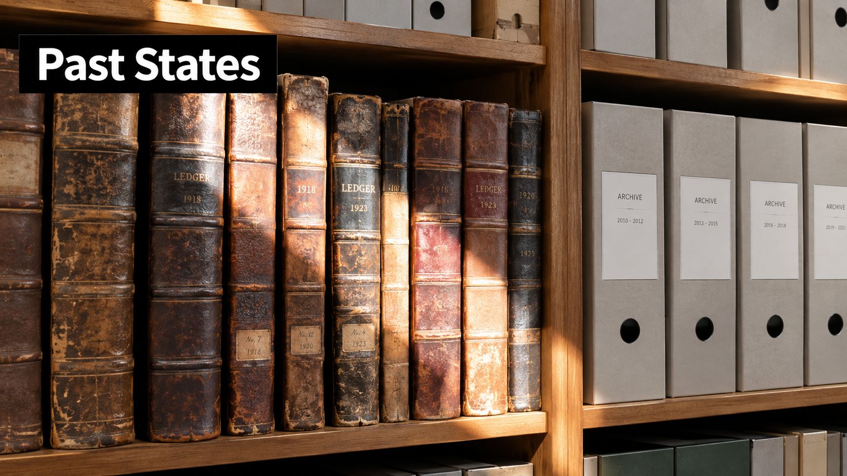 A wooden bookshelf holding antique ledger books alongside modern grey archive binders, symbolizing historical data storage.