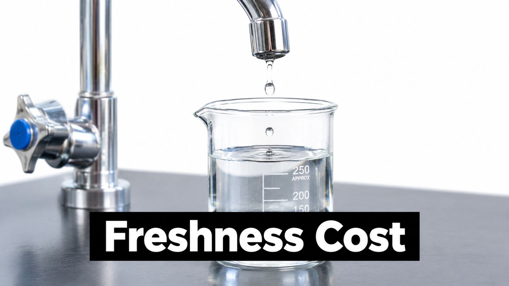 A close-up view of water dripping from a chrome faucet into a laboratory beaker with the text Freshness Cost overlay.
