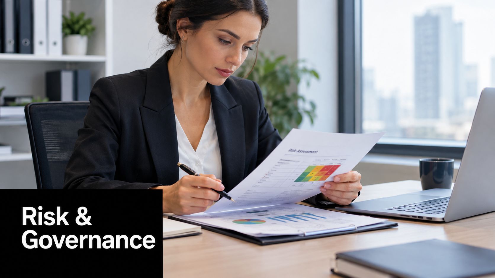 A professional woman in a suit reviewing risk assessment documents and charts at an office desk.