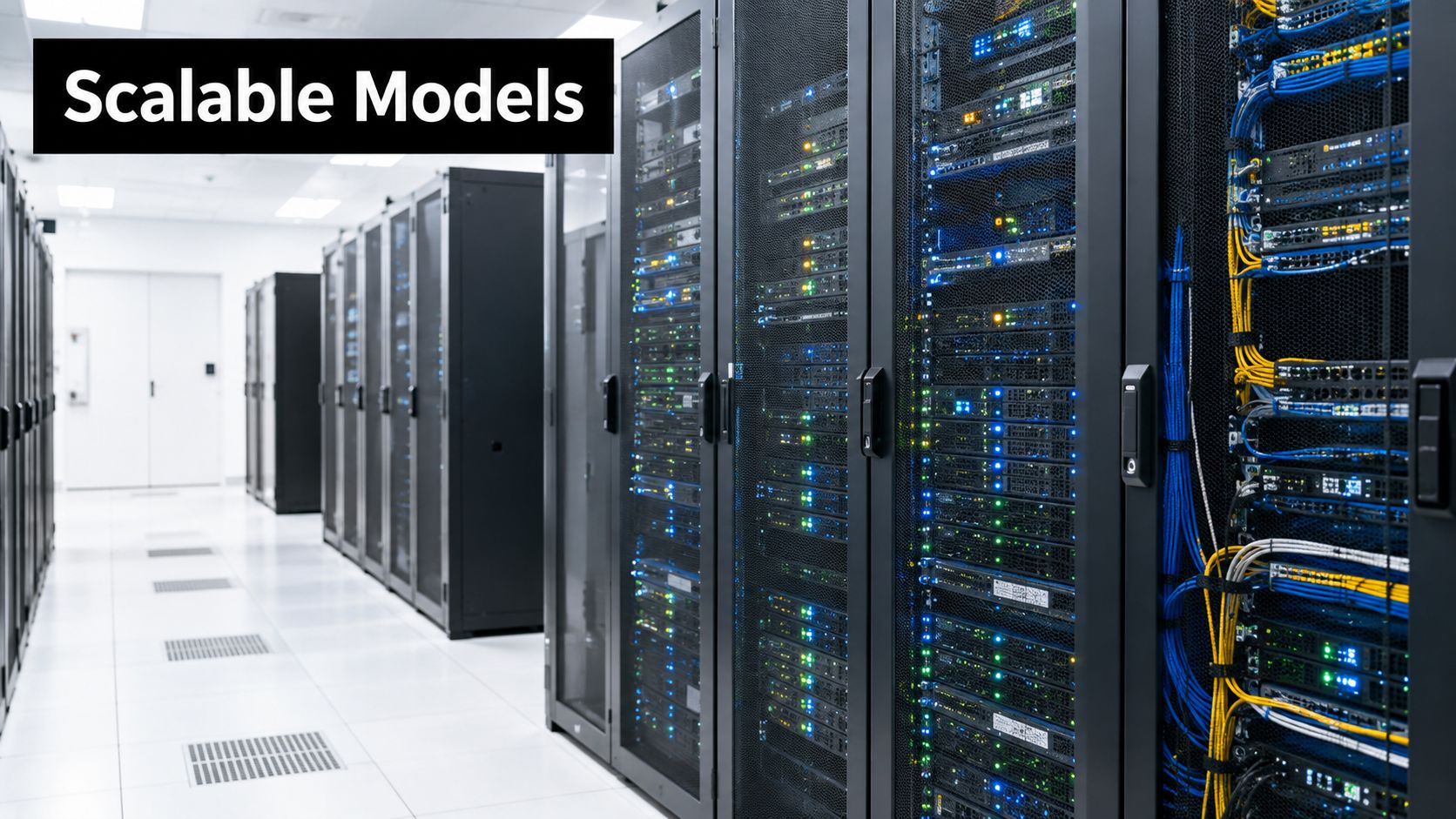 Rows of black server racks in a modern data center with flashing lights and colored network cables.