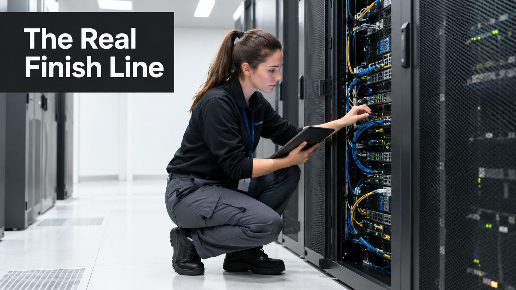 A female IT technician working in a server room, checking equipment while holding a digital tablet.
