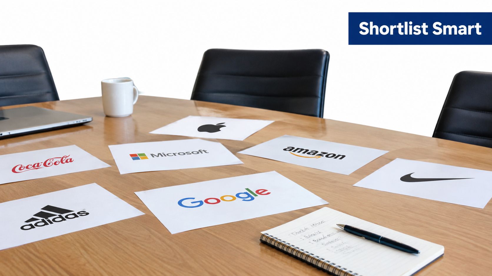 A conference table displaying various corporate logos printed on paper, including Coca-Cola, Microsoft, Amazon, Google, and Nike.