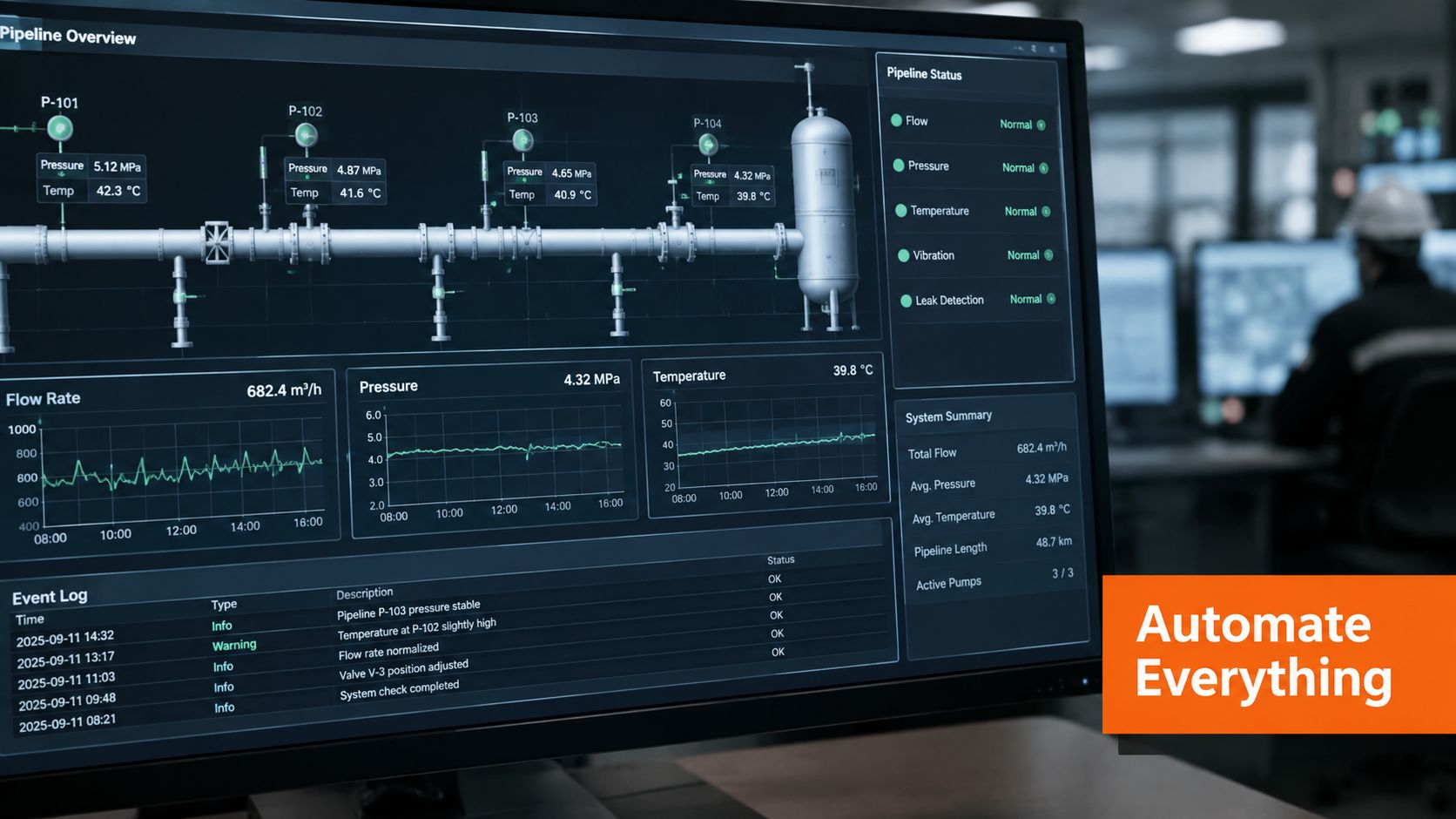 A computer monitor displaying a detailed pipeline monitoring dashboard in a modern industrial operations center.