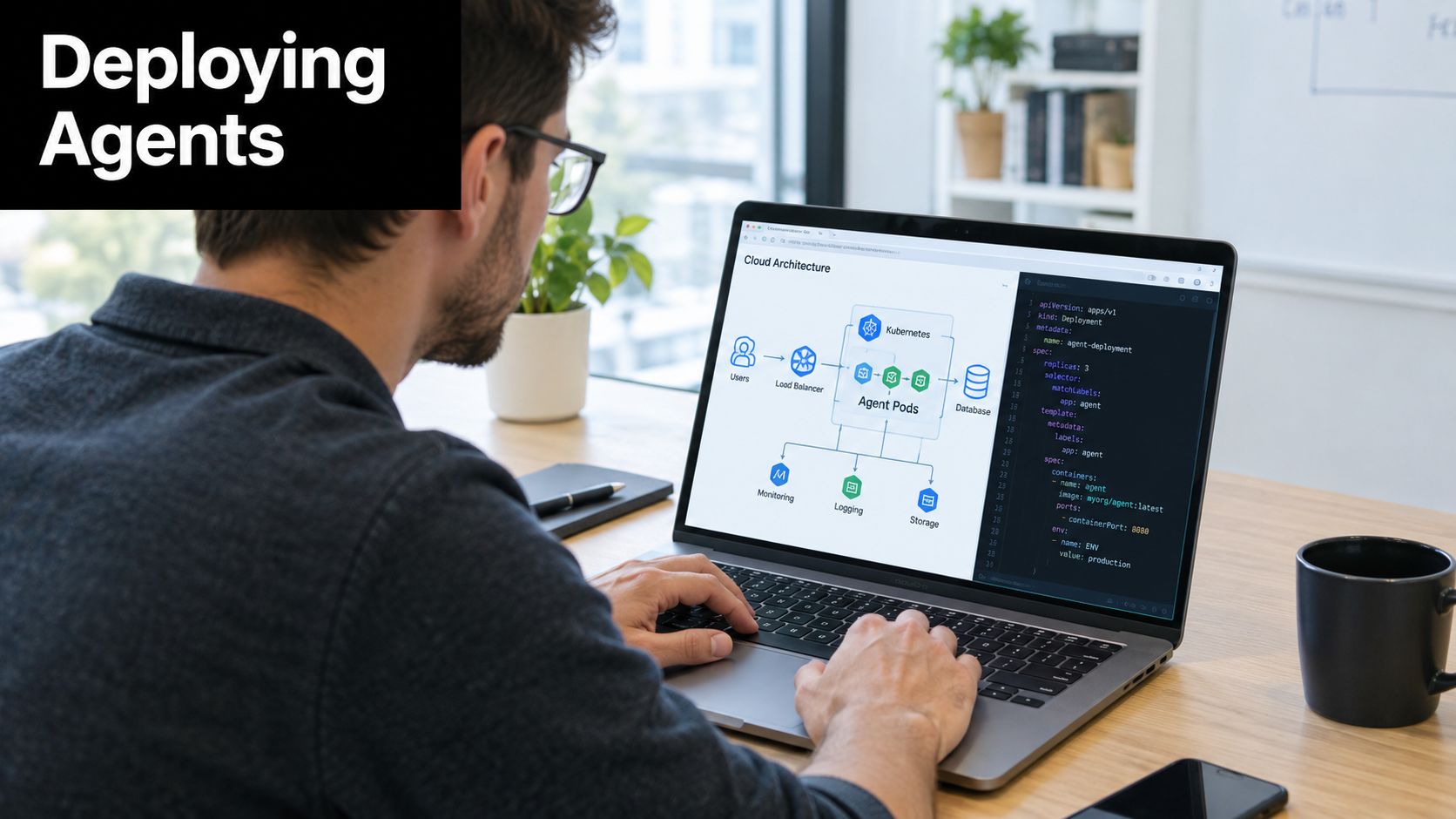 A person working on a laptop displaying a cloud architecture diagram and Kubernetes deployment code.