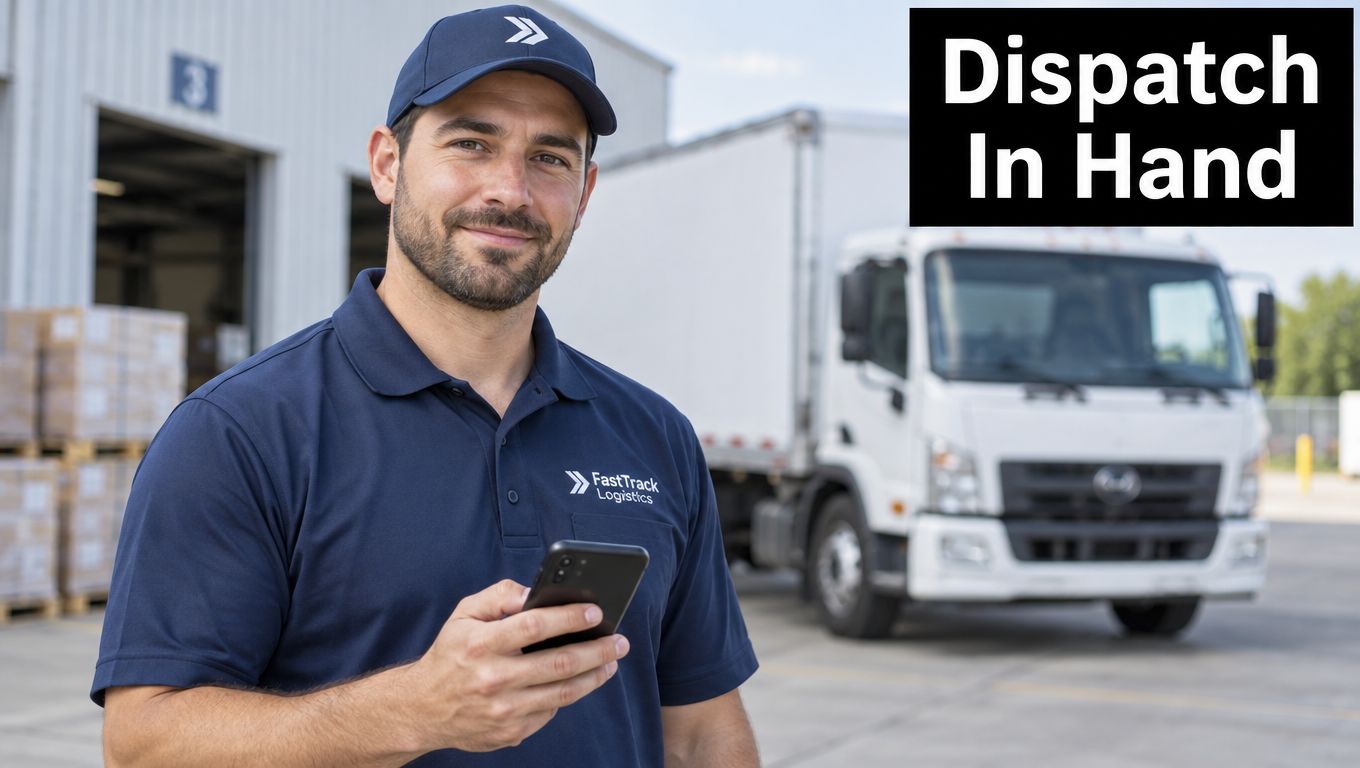 A professional logistics driver in a blue uniform holding a smartphone in front of a delivery truck.
