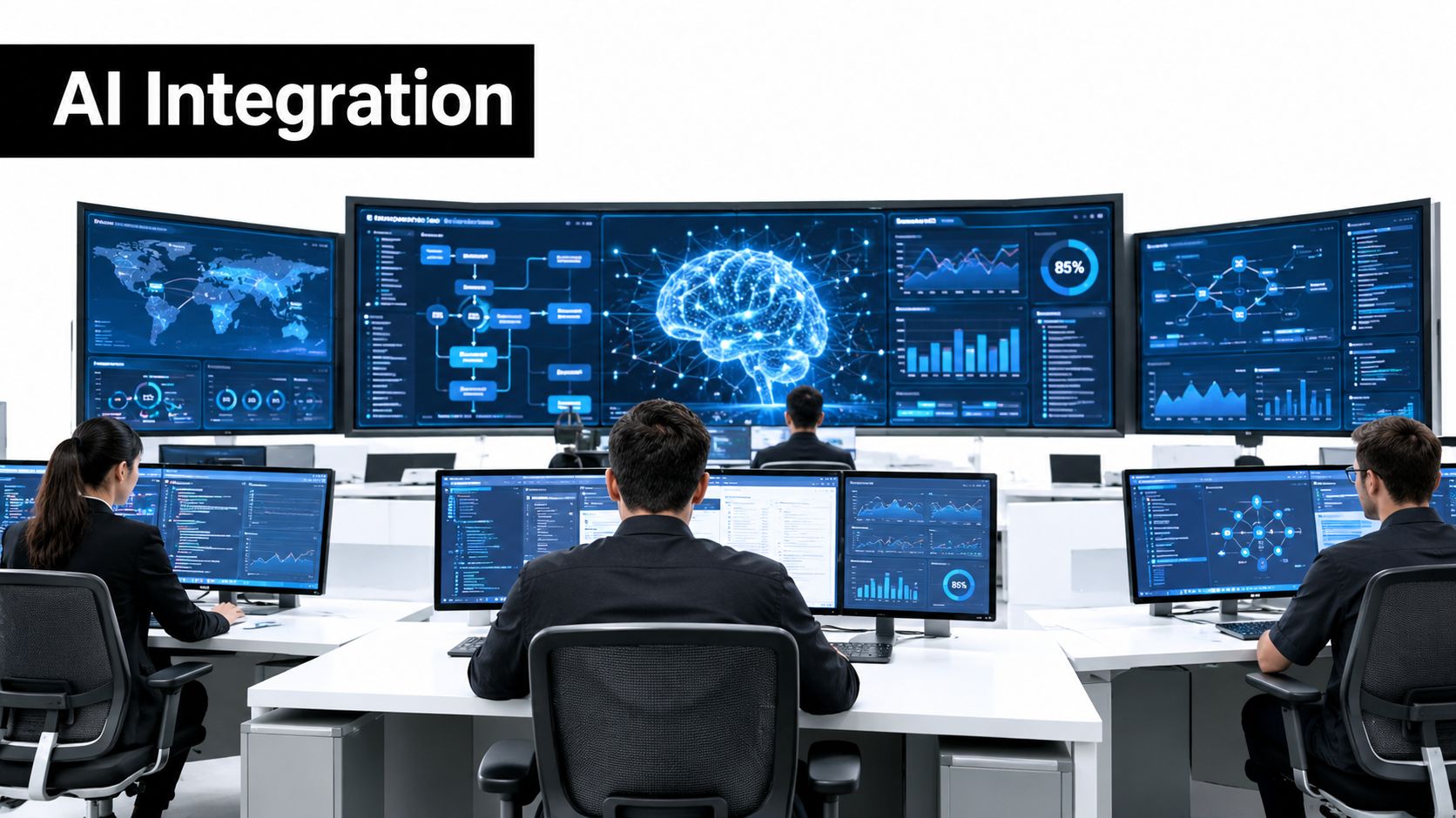 A team of professionals working at workstations with large digital displays showing AI data and neural networks.