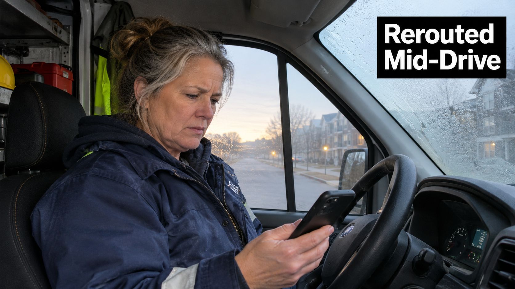 A female field service driver sits in her parked van checking her mobile phone for work updates.