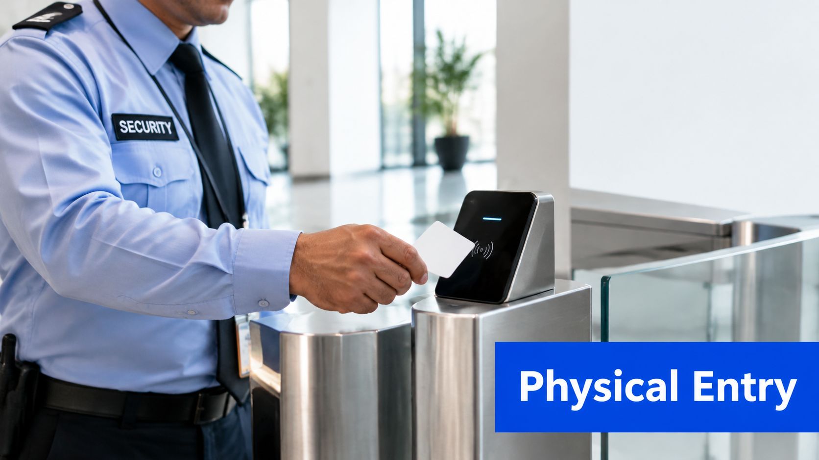 A security guard uses an access card on an electronic reader at an office building turnstile gate.