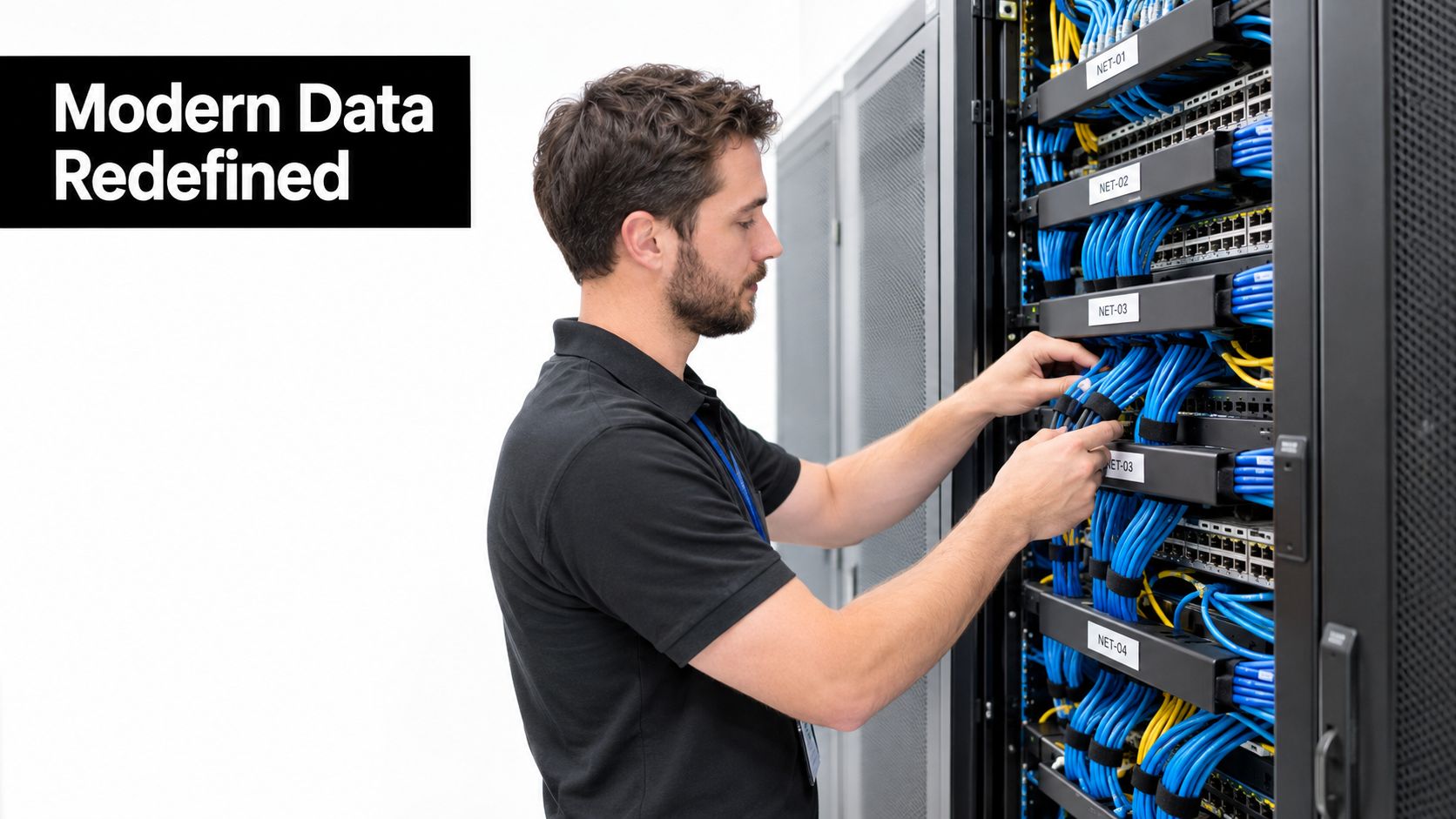 A technician working on network cabling in a data center server rack to improve infrastructure efficiency.