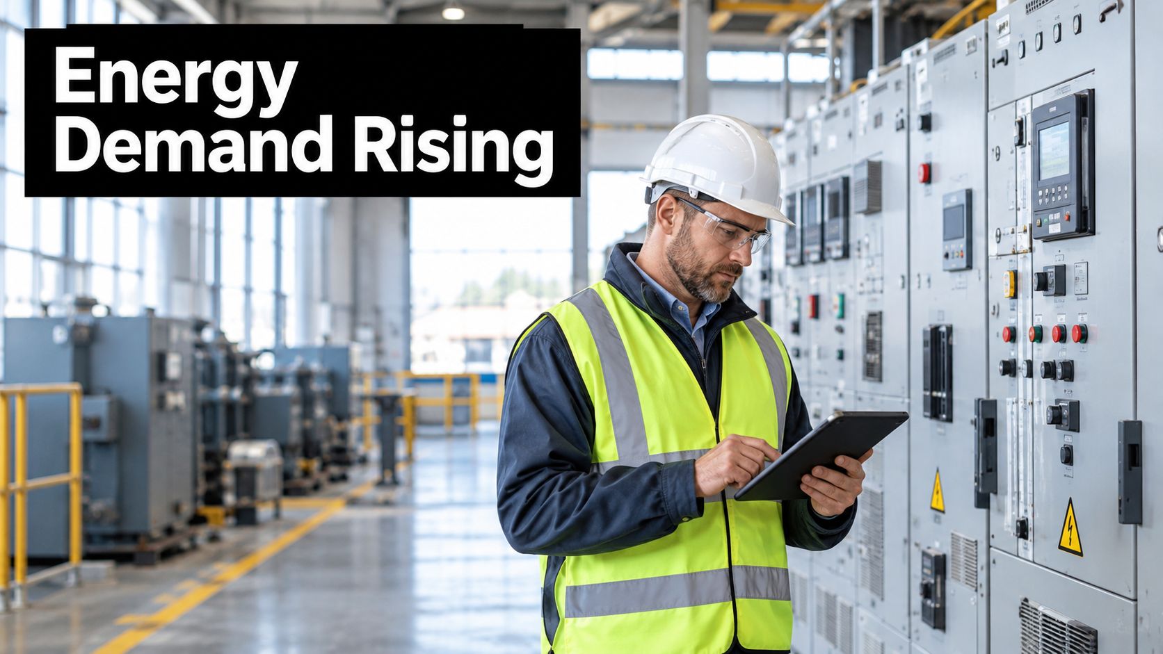 A professional technician wearing a hard hat and safety vest checking a tablet near industrial electrical panels.